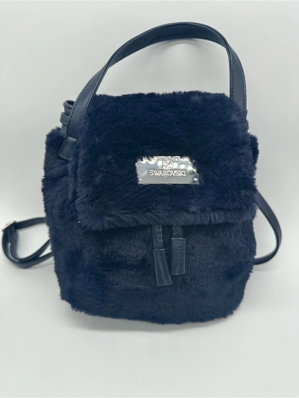 Swarovski Black Faux Fur Mini Backpack with Logo Plate